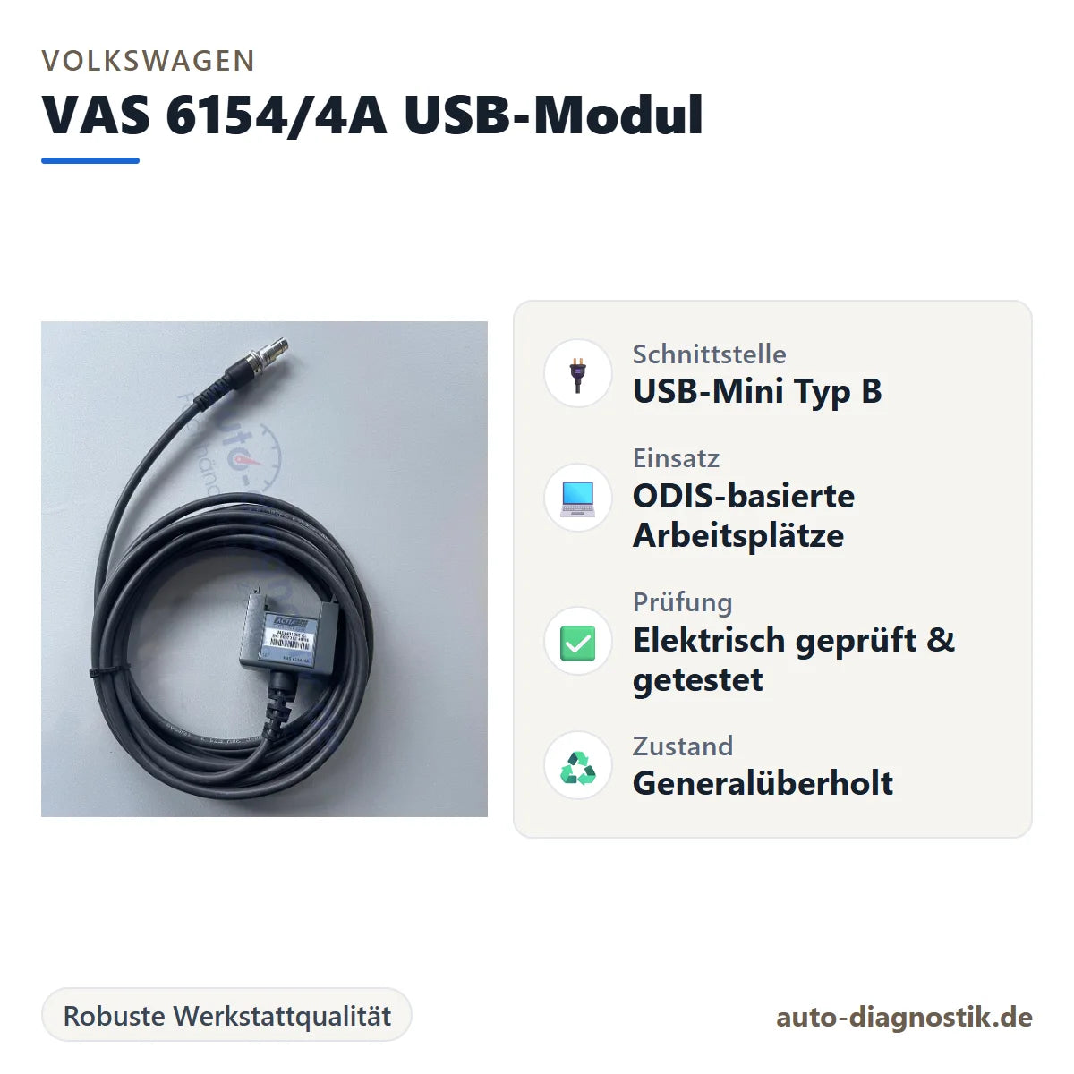 Volkswagen VAS 6154/4A USB Adaptermodul mit Übersicht der wichtigsten Eigenschaften