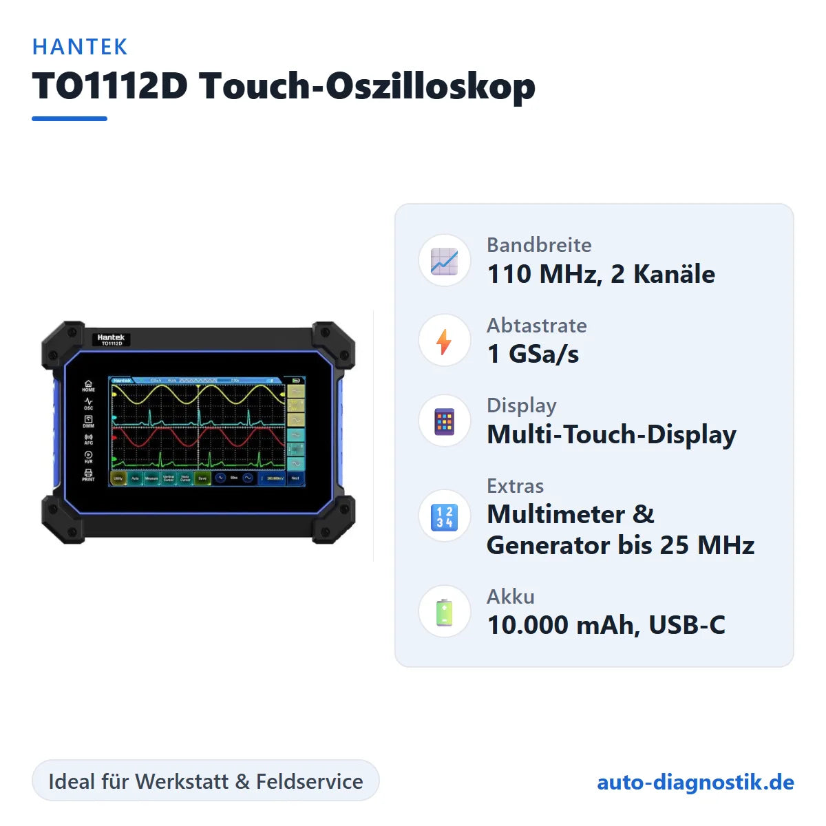 Hantek TO1112D Touch-Oszilloskop mit Übersicht der wichtigsten Funktionen