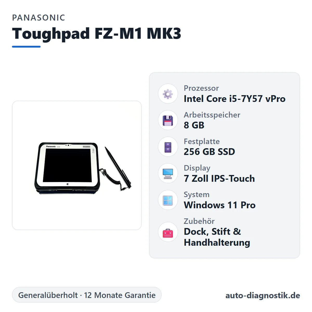 Panasonic Toughpad FZ-M1 MK3 mit Übersicht der wichtigsten technischen Daten