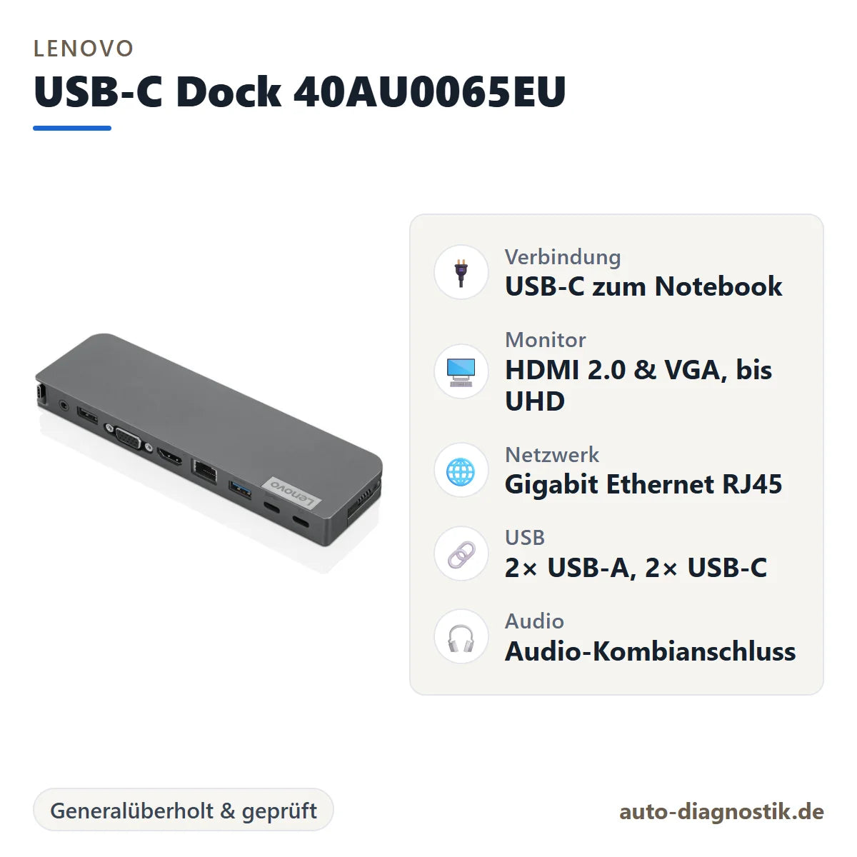 Lenovo USB-C Dockingstation 40AU0065EU mit Übersicht der wichtigsten Anschlüsse