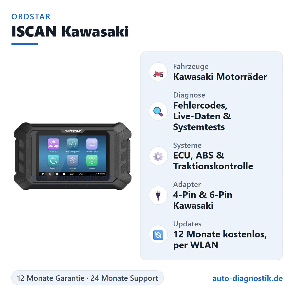 OBDSTAR ISCAN Kawasaki Motorrad-Diagnosegerät mit Übersicht der wichtigsten Funktionen