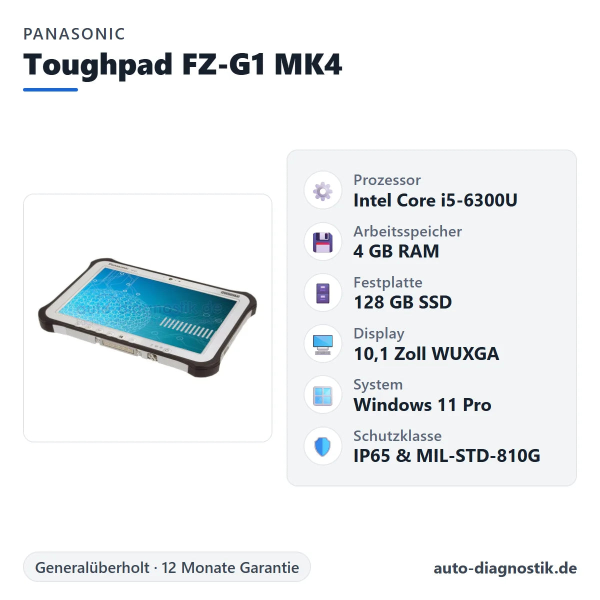 Panasonic Toughpad FZ-G1 MK4 mit Übersicht der wichtigsten technischen Daten