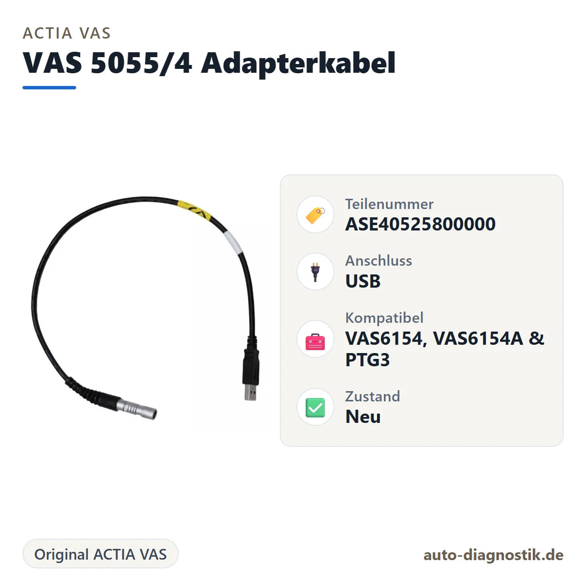 Original ACTIA VAS 5055/4 USB-Adapterkabel mit Übersicht der wichtigsten Eigenschaften