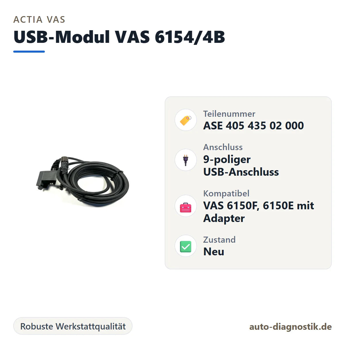 ACTIA VAS USB-Modul ASE 405 435 02 000 VAS 6154/4B mit Übersicht der wichtigsten Eigenschaften