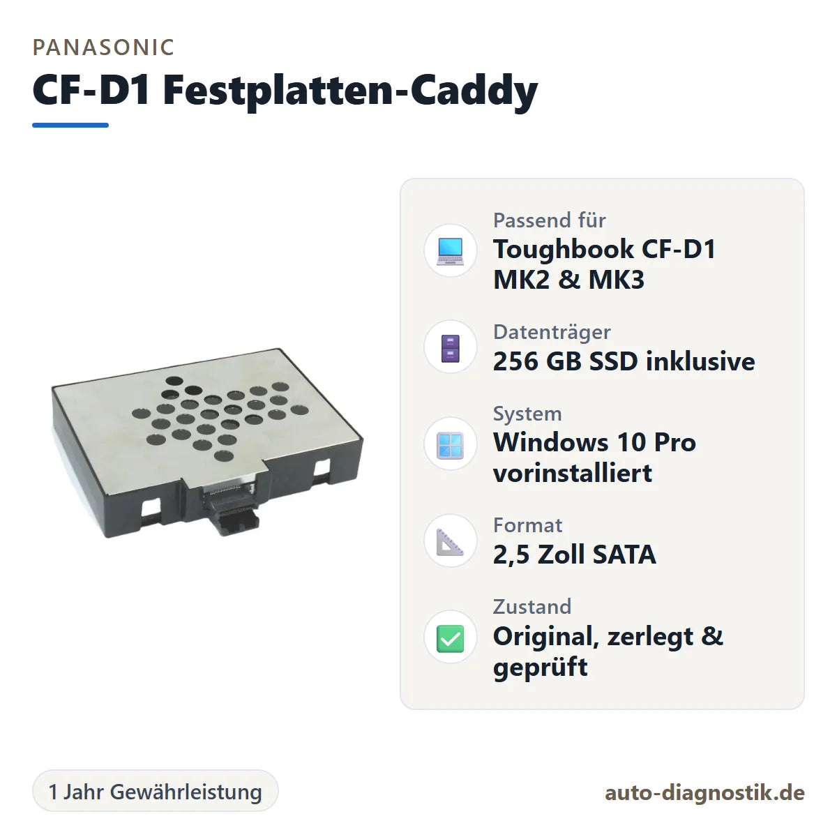 Panasonic Toughbook CF-D1 Festplatten-Caddy mit 256 GB SSD mit Übersicht der wichtigsten Eigenschaften