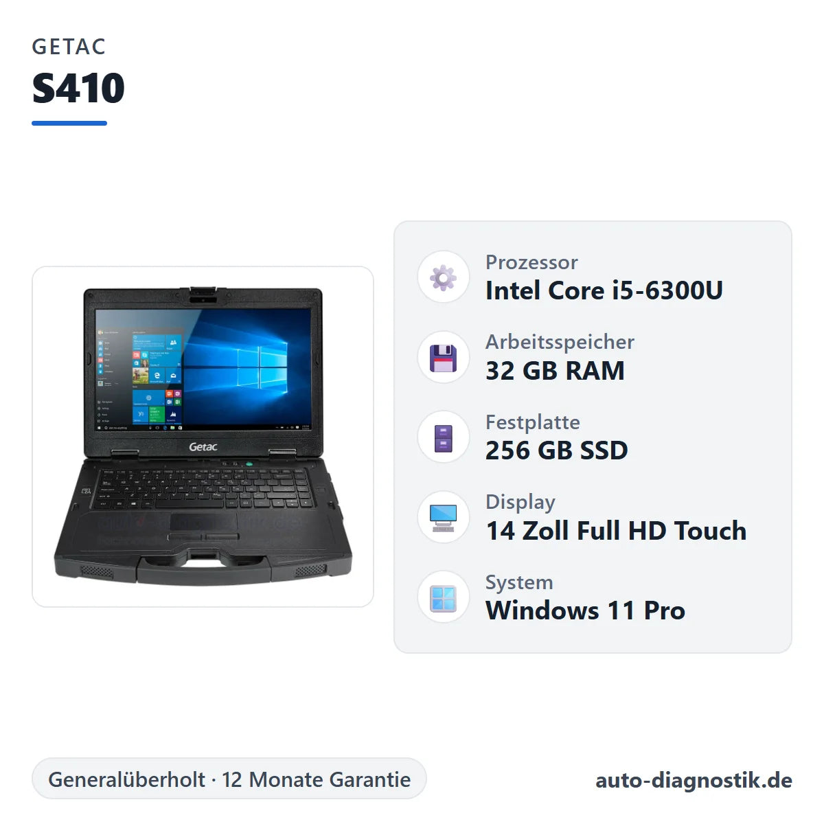 Getac S410 mit Übersicht der wichtigsten technischen Daten