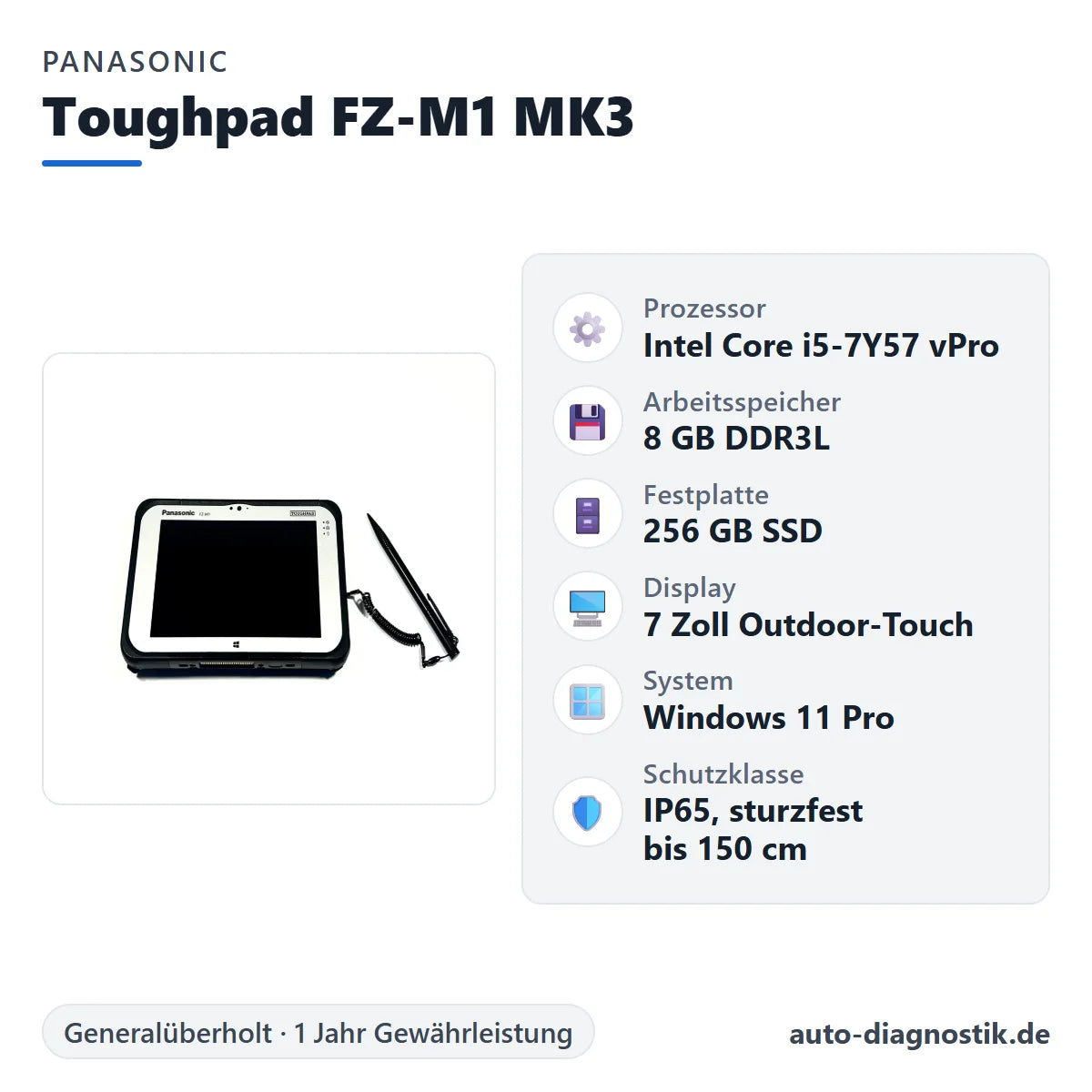 Panasonic Toughpad FZ-M1 MK3 mit Übersicht der wichtigsten technischen Daten