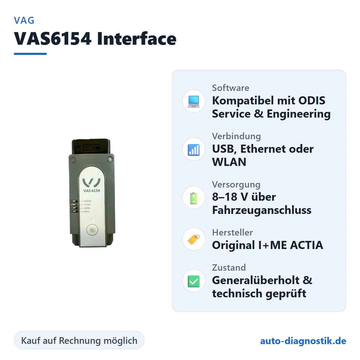 VAS6154 Diagnose-Interface mit Übersicht der wichtigsten Funktionen