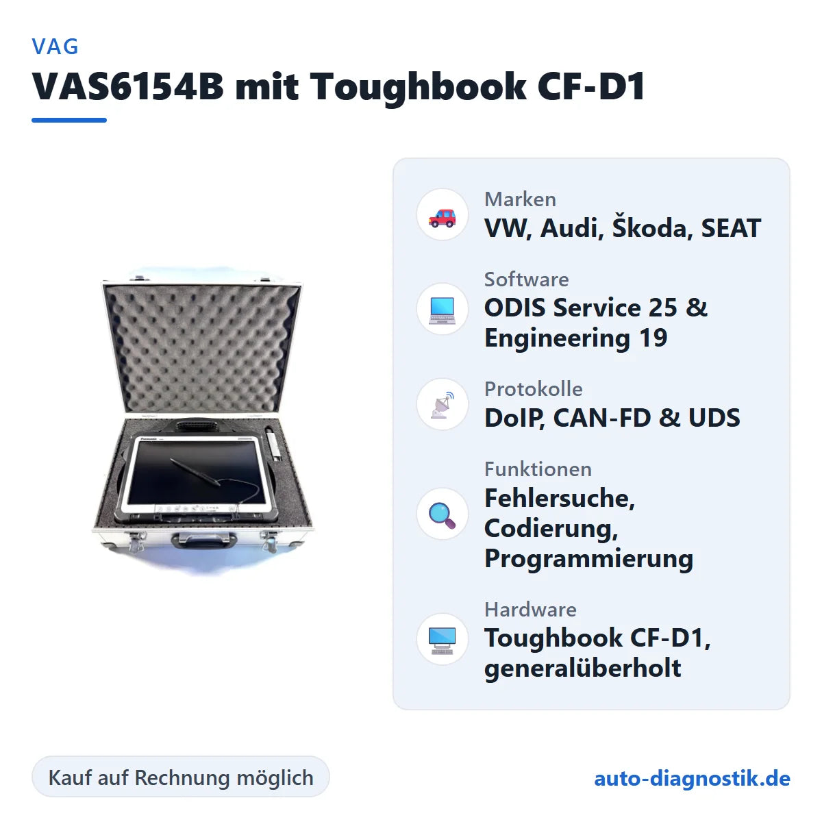 VAS6154B Diagnosegerät und Panasonic Toughbook CF-D1 mit Übersicht der wichtigsten Funktionen