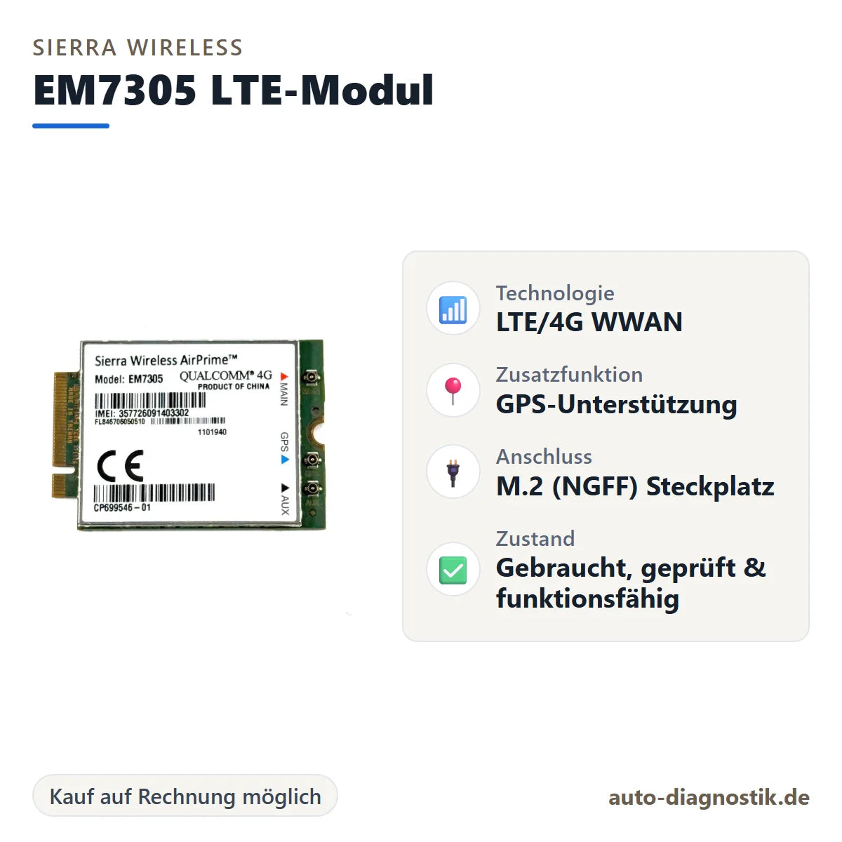 Sierra Wireless EM7305 LTE-Modul mit Übersicht der wichtigsten Eigenschaften