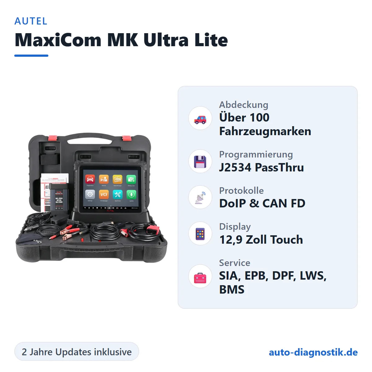 Autel MaxiCom MK Ultra Lite mit Übersicht der wichtigsten Funktionen