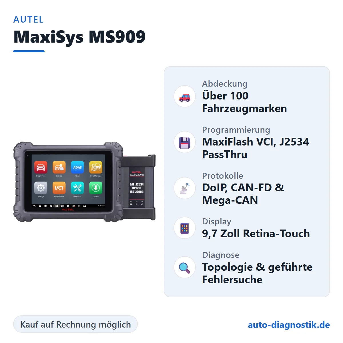 Autel MaxiSys MS909 mit Übersicht der wichtigsten Funktionen