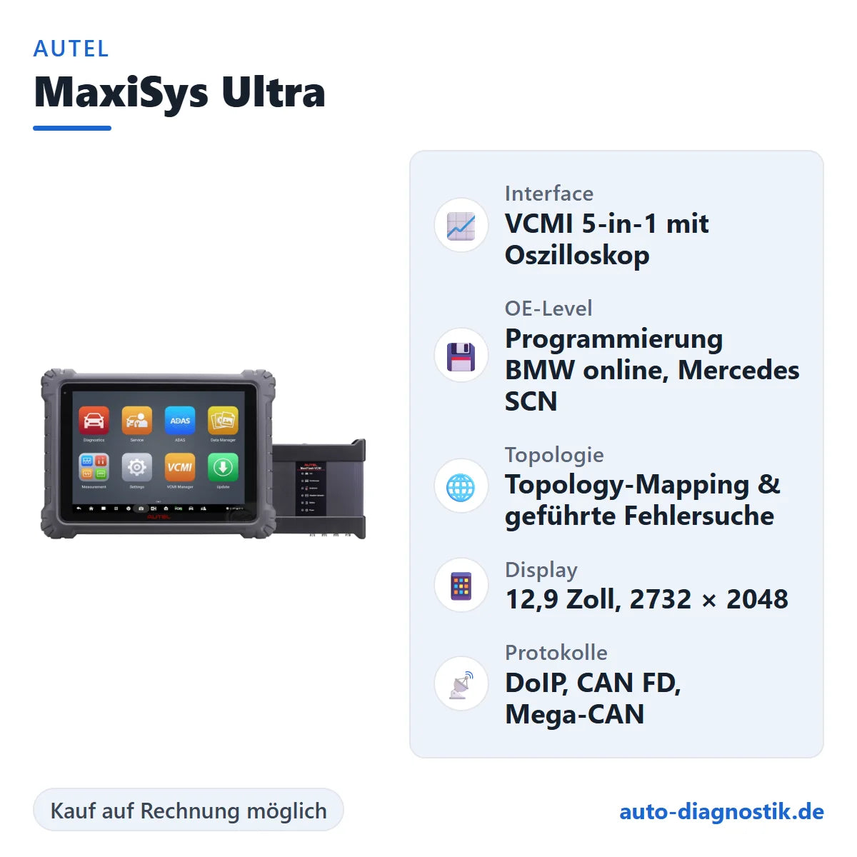 Autel MaxiSys Ultra mit Übersicht der wichtigsten Funktionen
