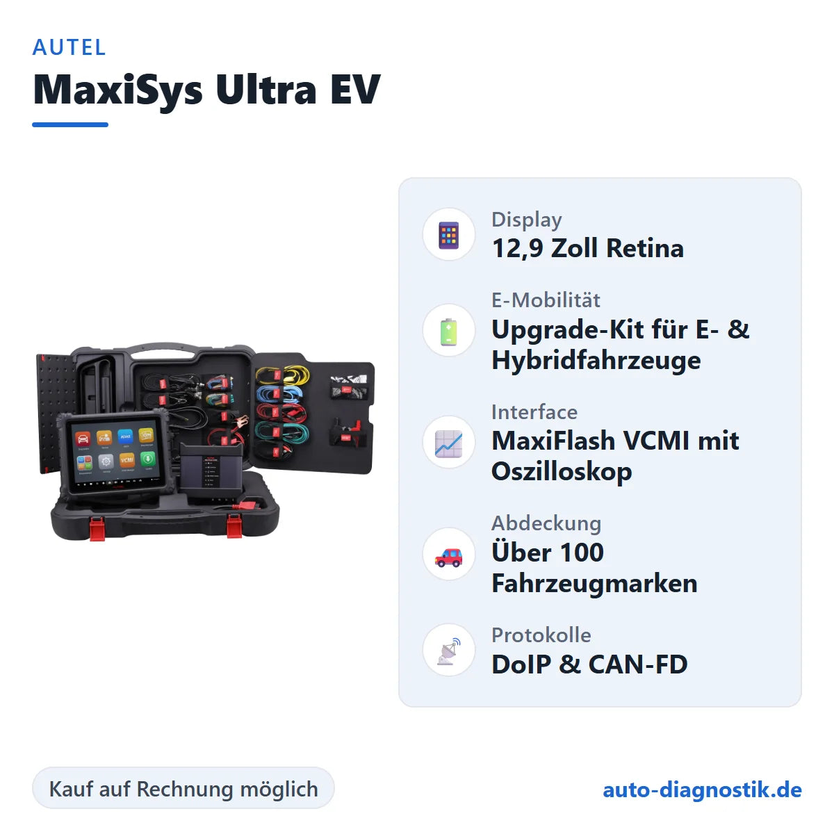 Autel MaxiSys Ultra EV mit Übersicht der wichtigsten Funktionen