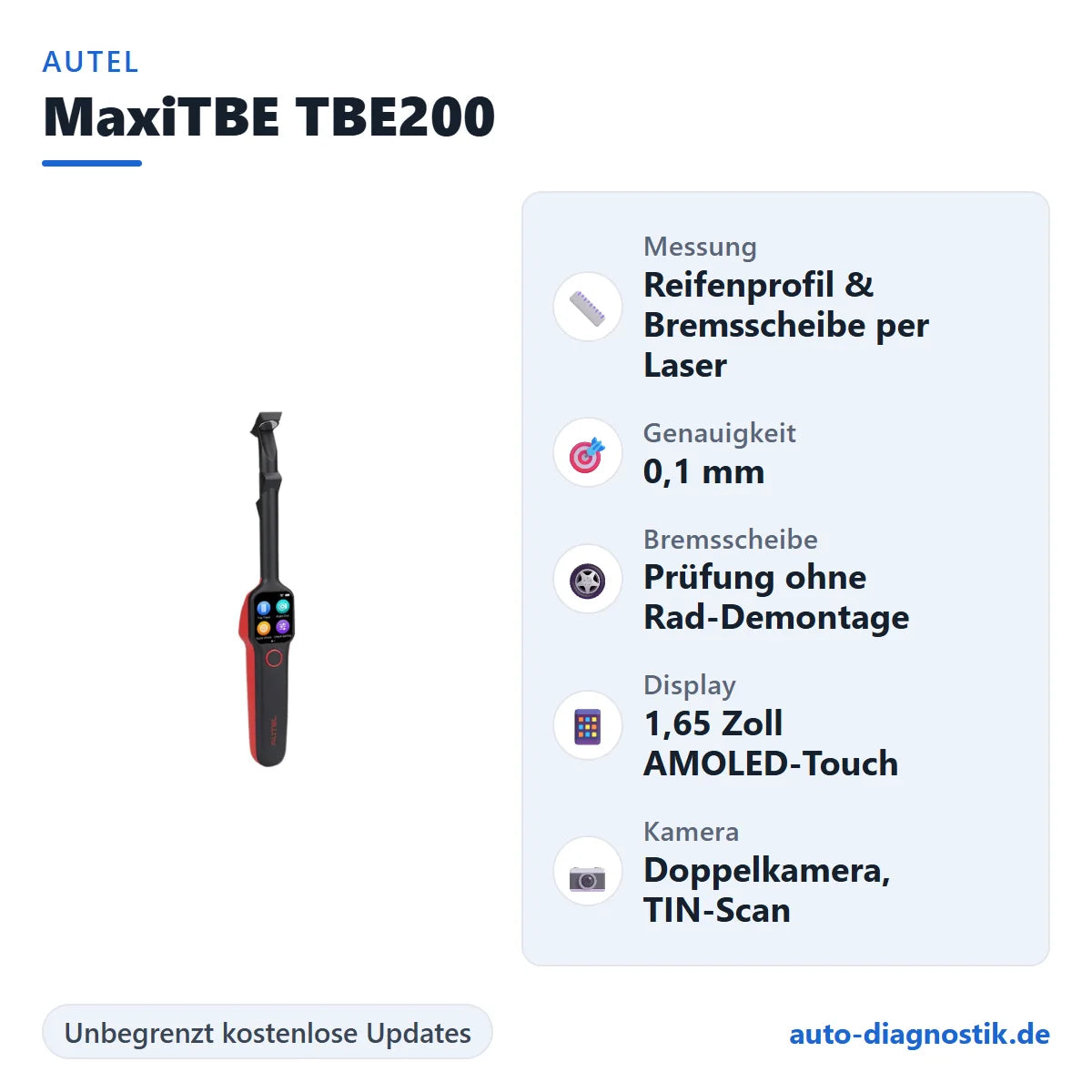 Autel MaxiTBE TBE200 Reifenprofil- und Bremsscheiben-Prüfgerät mit Übersicht der wichtigsten Funktionen