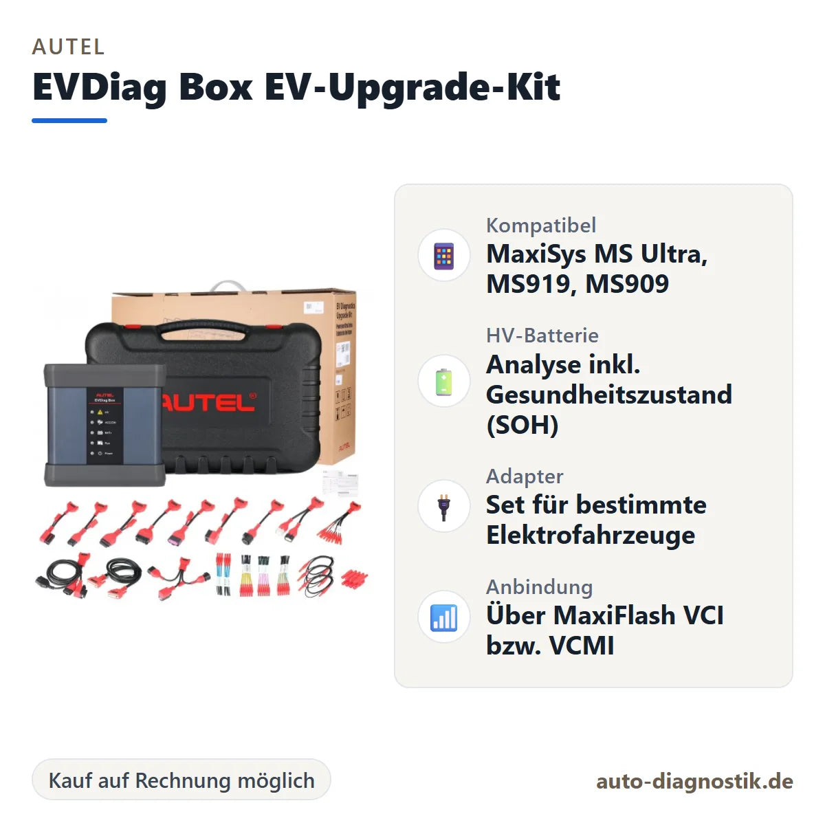 Autel EVDiag Box EV-Upgrade-Kit mit Übersicht der wichtigsten Eigenschaften