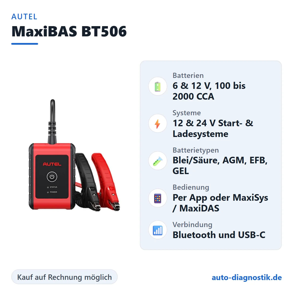 Autel MaxiBAS BT506 Batterietester mit Übersicht der wichtigsten technischen Daten