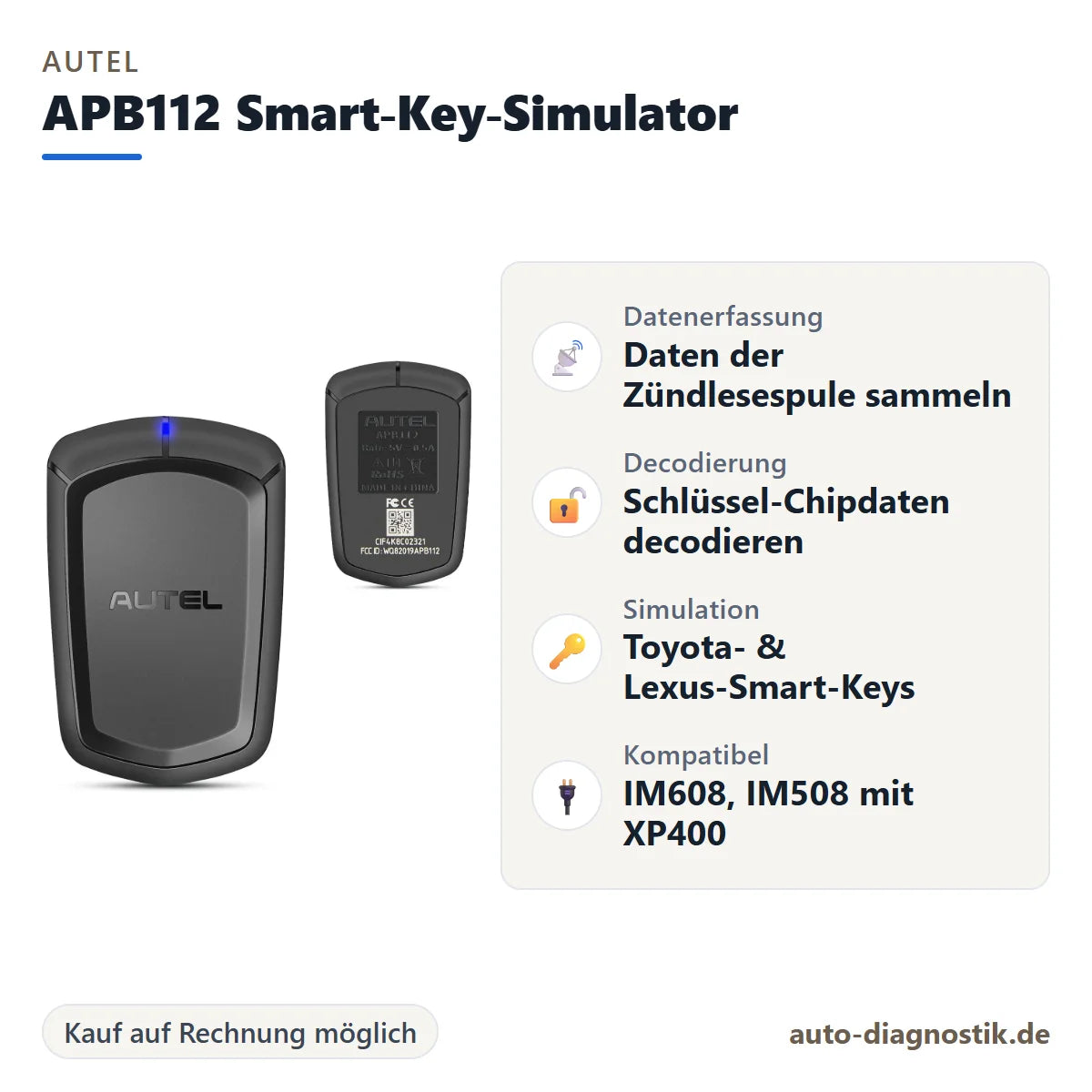 Autel APB112 Smart-Key-Simulator mit Übersicht der wichtigsten Funktionen