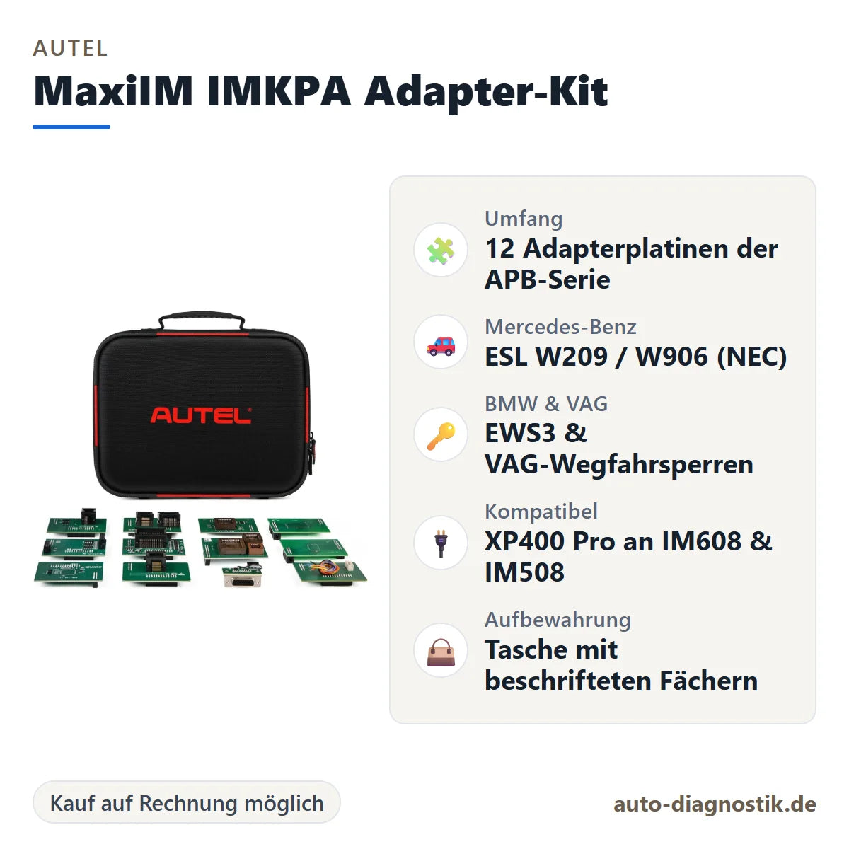 Autel MaxiIM IMKPA Adapter-Kit mit Übersicht der wichtigsten Funktionen
