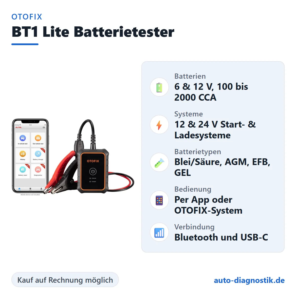 OTOFIX BT1 Lite Batterietester mit Übersicht der wichtigsten technischen Daten