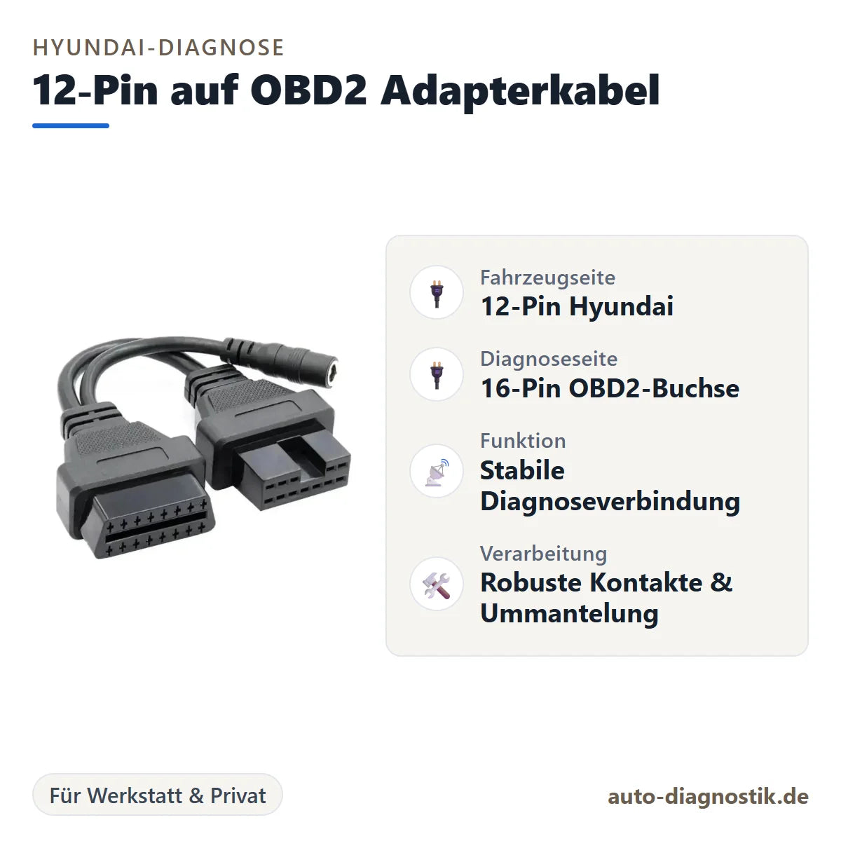 Hyundai 12-Pin auf OBD2 Adapterkabel mit Übersicht der wichtigsten Anschlüsse