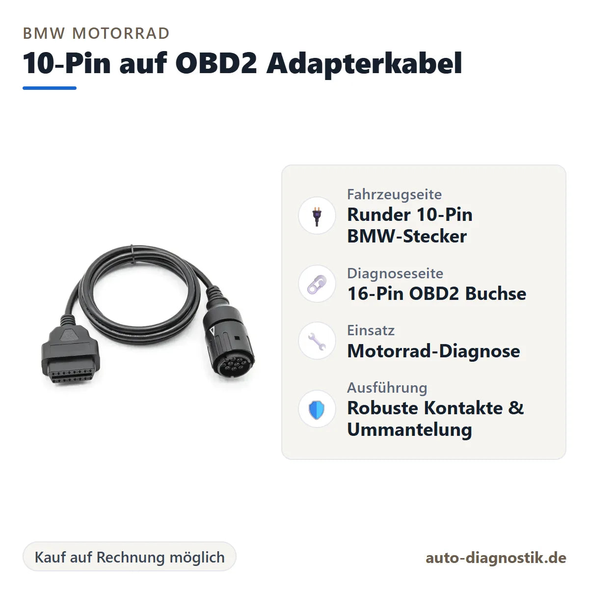 BMW Motorrad 10-Pin auf OBD2 Adapterkabel mit Übersicht der wichtigsten Anschlüsse