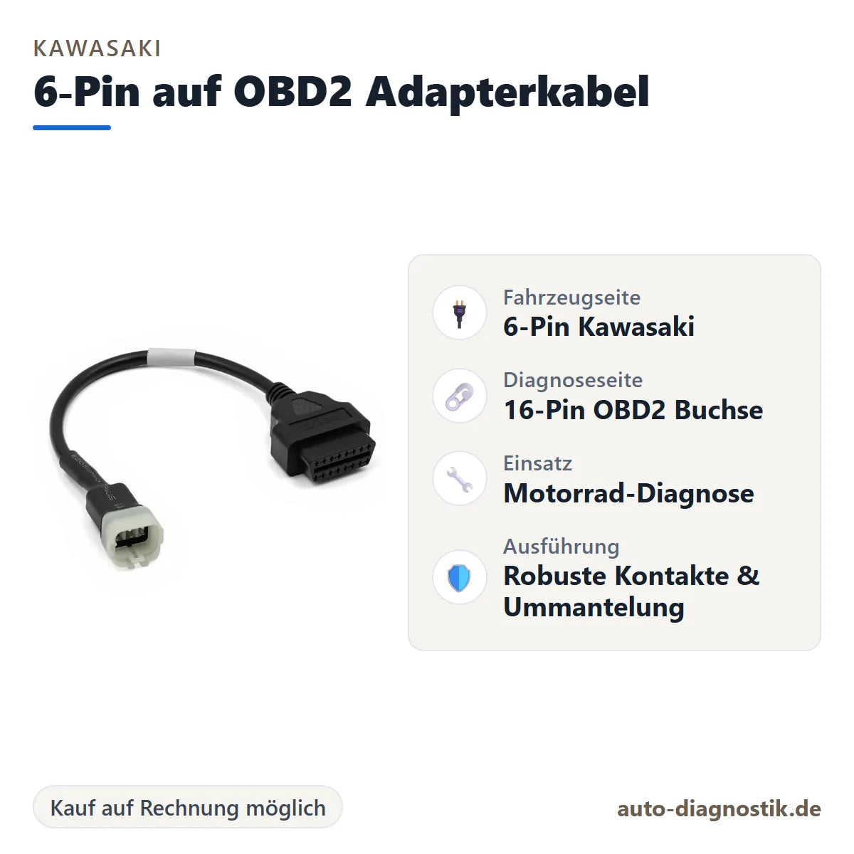 Kawasaki 6-Pin auf OBD2 Adapterkabel mit Übersicht der wichtigsten Anschlüsse