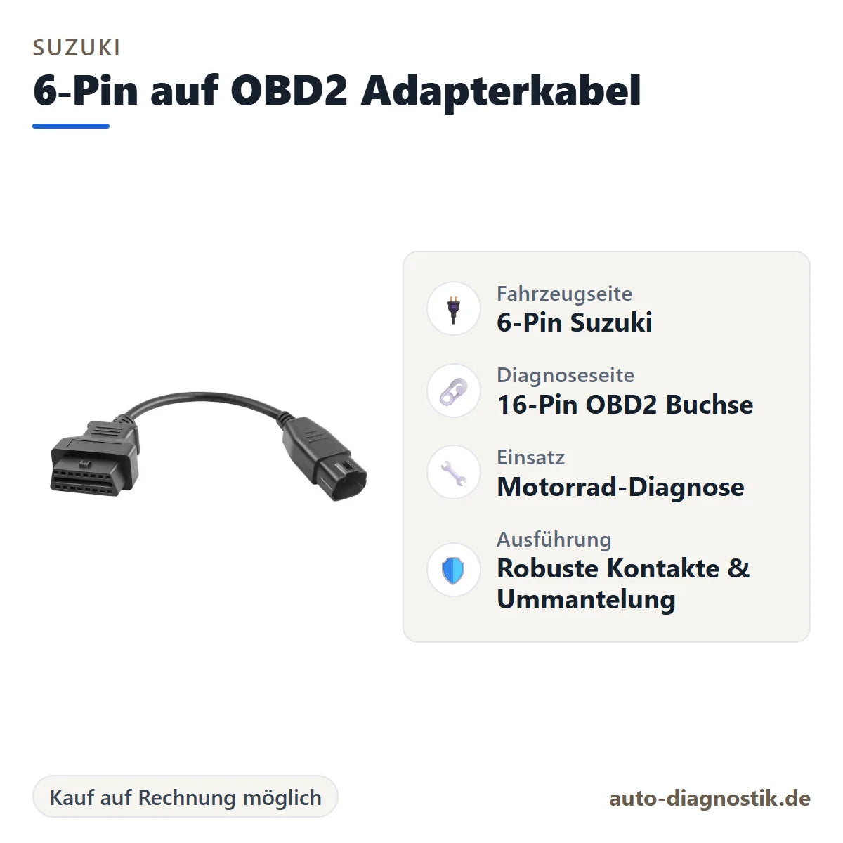 Suzuki 6-Pin auf OBD2 Adapterkabel mit Übersicht der wichtigsten Anschlüsse