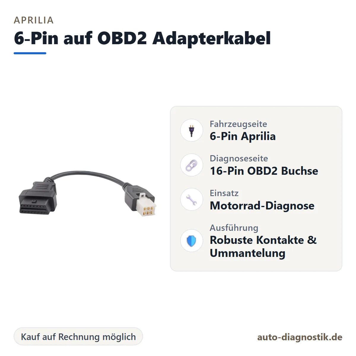 Aprilia 6-Pin auf OBD2 Adapterkabel mit Übersicht der wichtigsten Anschlüsse