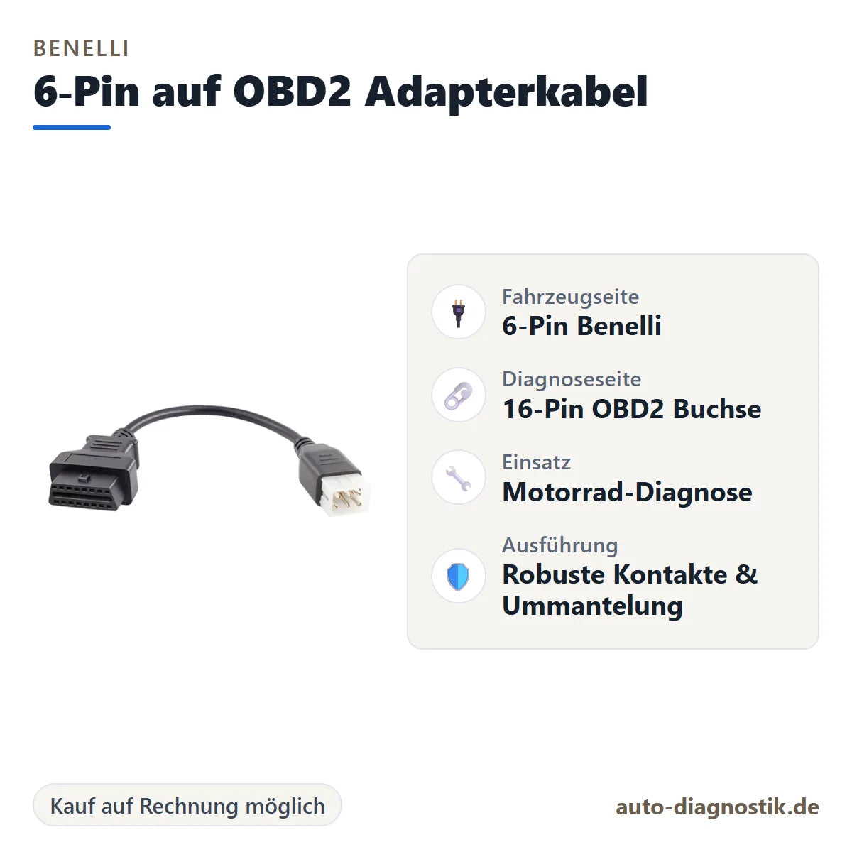 Benelli 6-Pin auf OBD2 Adapterkabel mit Übersicht der wichtigsten Anschlüsse