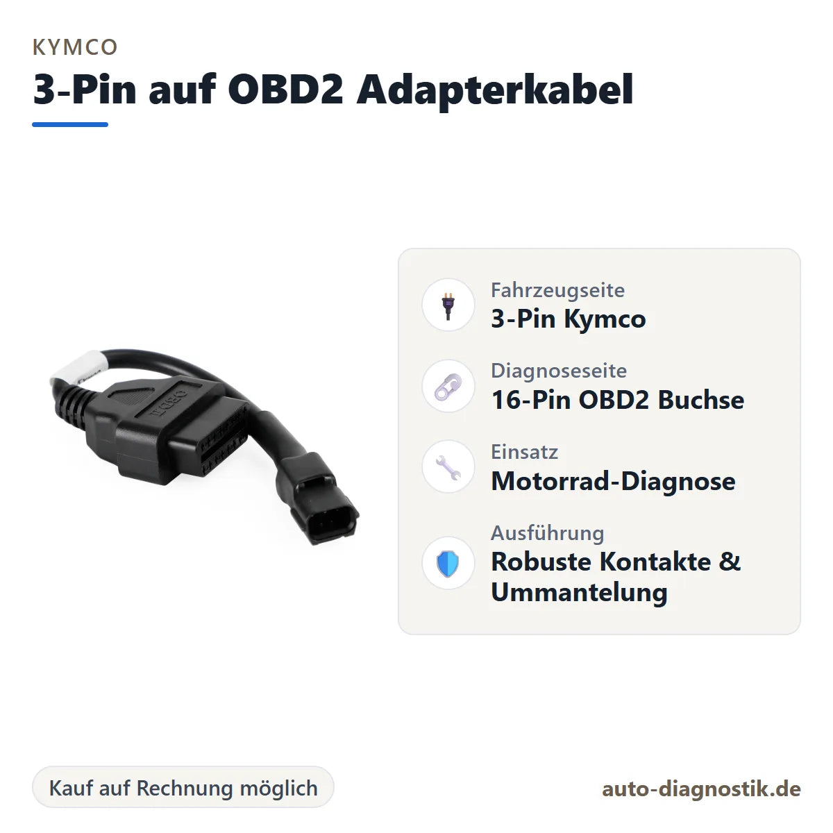Kymco 3-Pin auf OBD2 Adapterkabel mit Übersicht der wichtigsten Anschlüsse