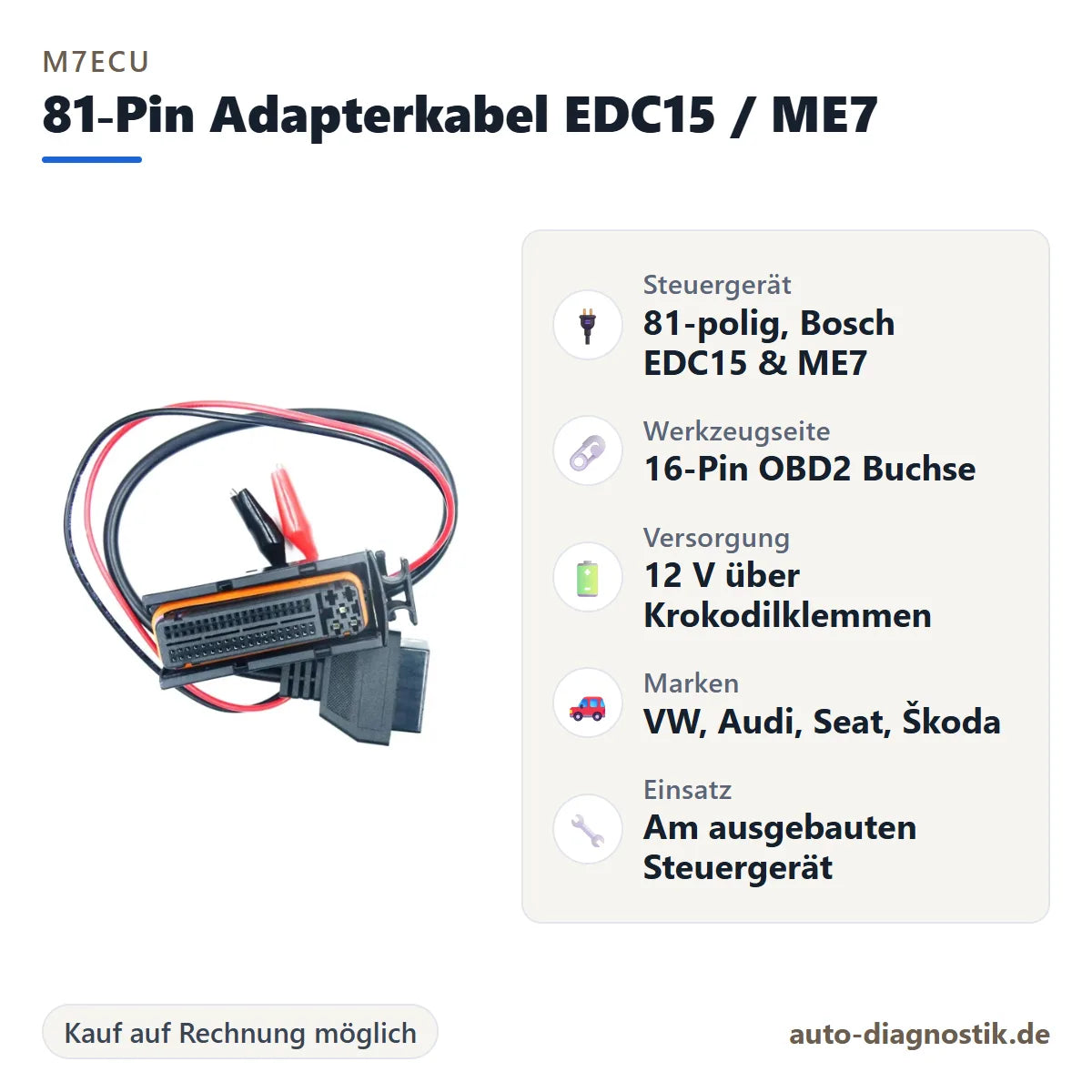 M7ECU 81-Pin Adapterkabel für Bosch EDC15 und ME7 mit Übersicht der wichtigsten Anschlüsse