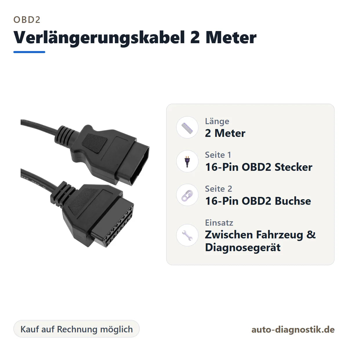 OBD2 Verlängerungskabel 2 Meter mit Übersicht der wichtigsten Anschlüsse