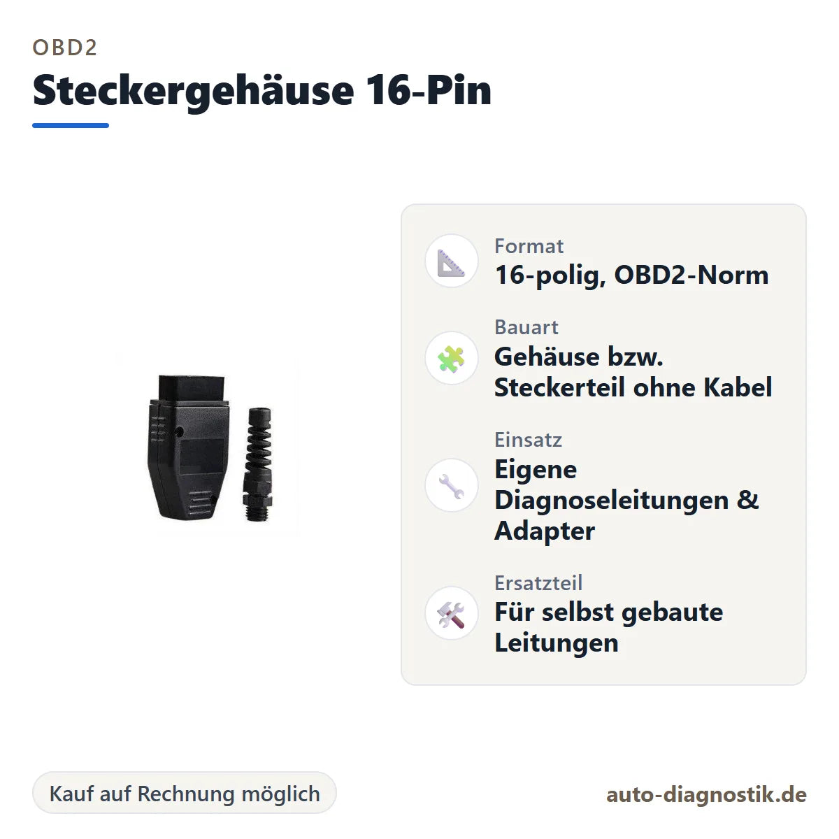 OBD2 Steckergehäuse 16 Pin mit Übersicht der wichtigsten Eigenschaften