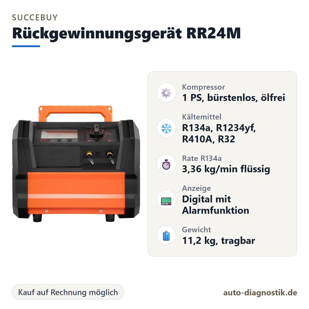 SucceBuy Kältemittel-Rückgewinnungsgerät RR24M mit Übersicht der wichtigsten technischen Daten