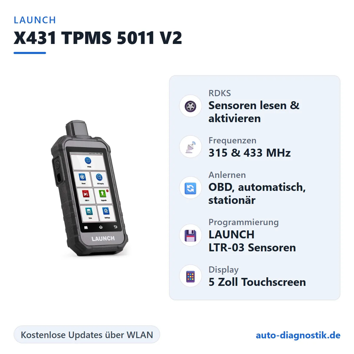 LAUNCH X431 TPMS 5011 V2 mit Übersicht der wichtigsten Funktionen