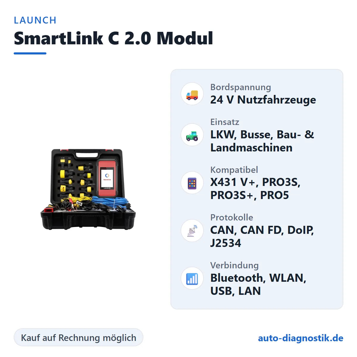LAUNCH X431 SmartLink C 2.0 Nutzfahrzeug-Modul mit Übersicht der wichtigsten Funktionen