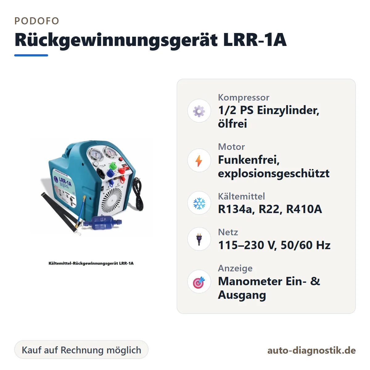 Podofo Kältemittel-Rückgewinnungsgerät LRR-1A mit Übersicht der wichtigsten technischen Daten