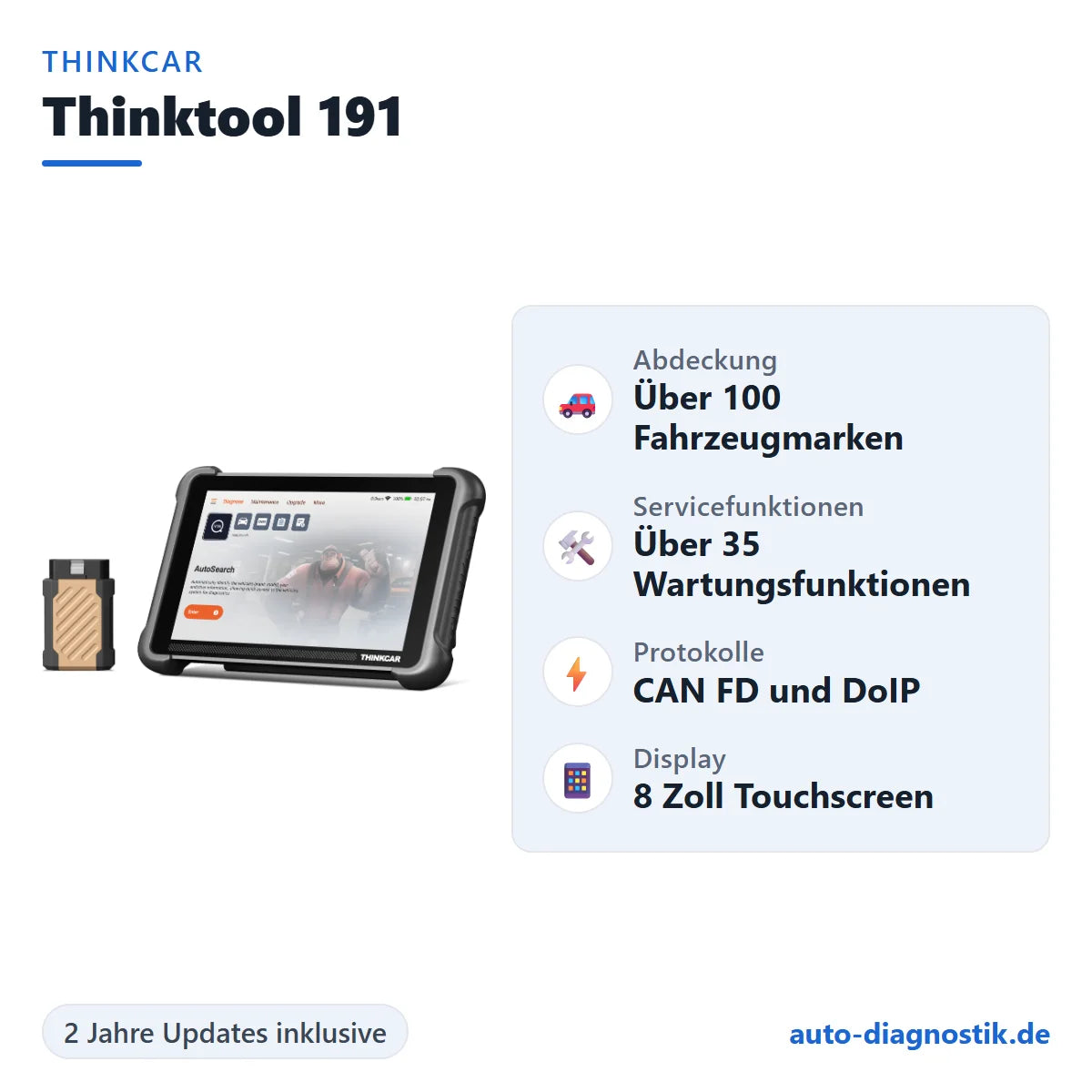 Thinkcar Thinktool 191 mit Übersicht der wichtigsten Funktionen