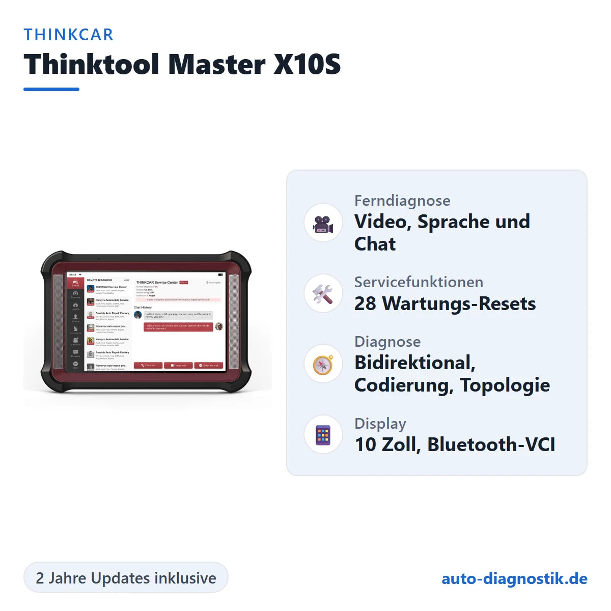 Thinkcar Thinktool Master X10S mit Übersicht der wichtigsten Funktionen