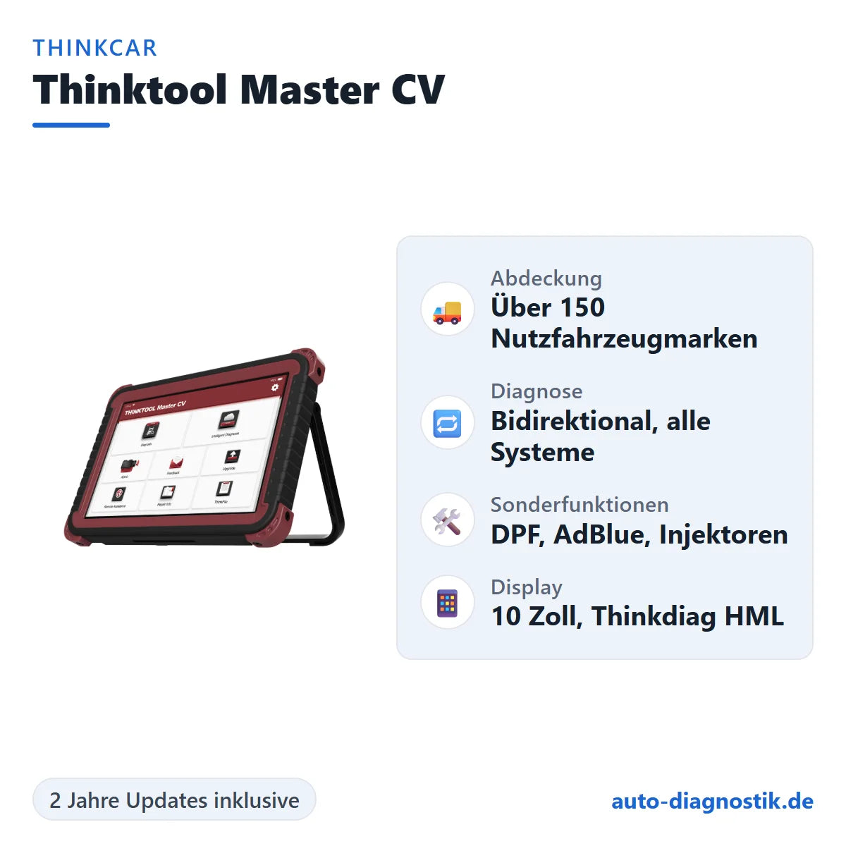 Thinkcar Thinktool Master CV mit Übersicht der wichtigsten Funktionen