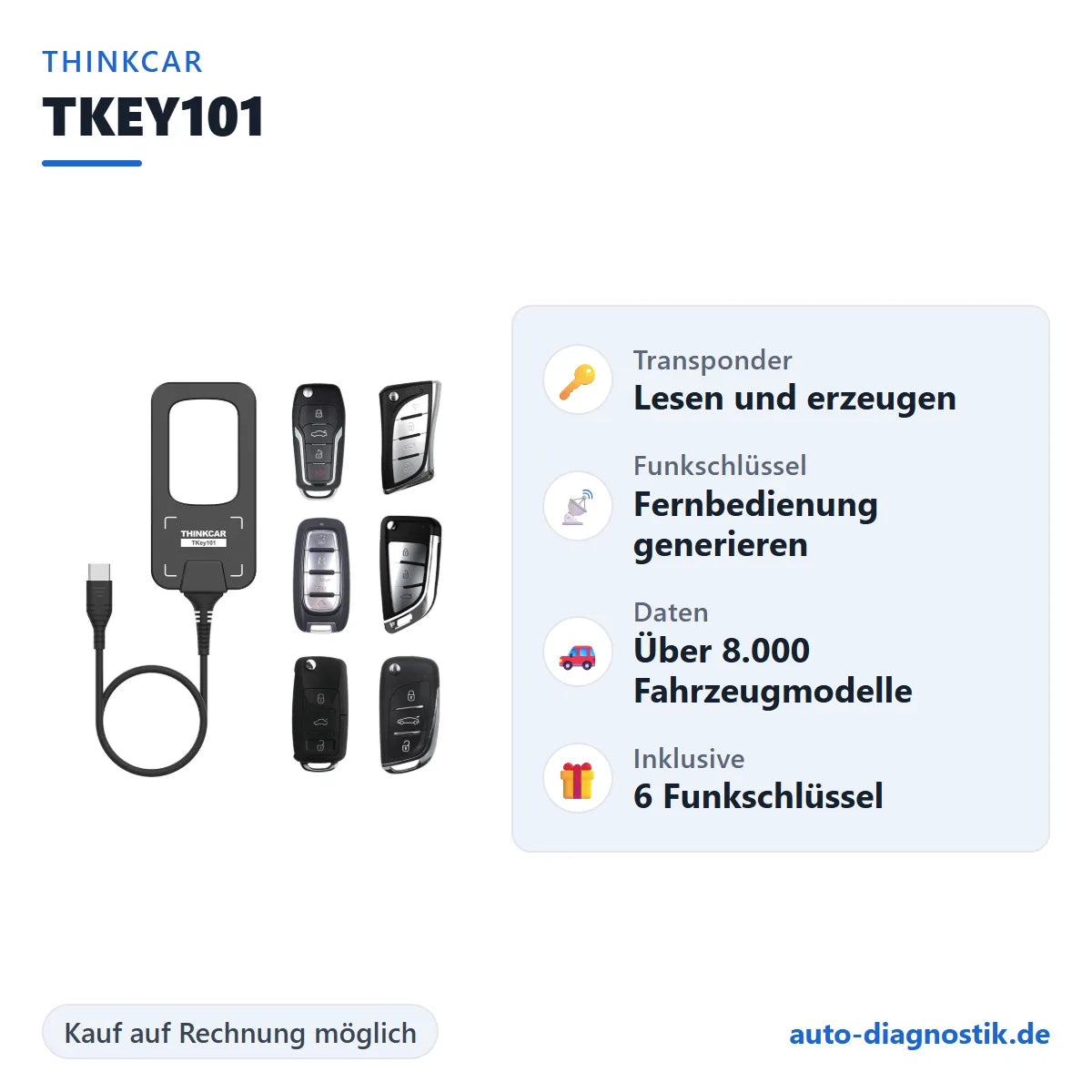 Thinkcar TKEY101 mit Übersicht der wichtigsten Funktionen