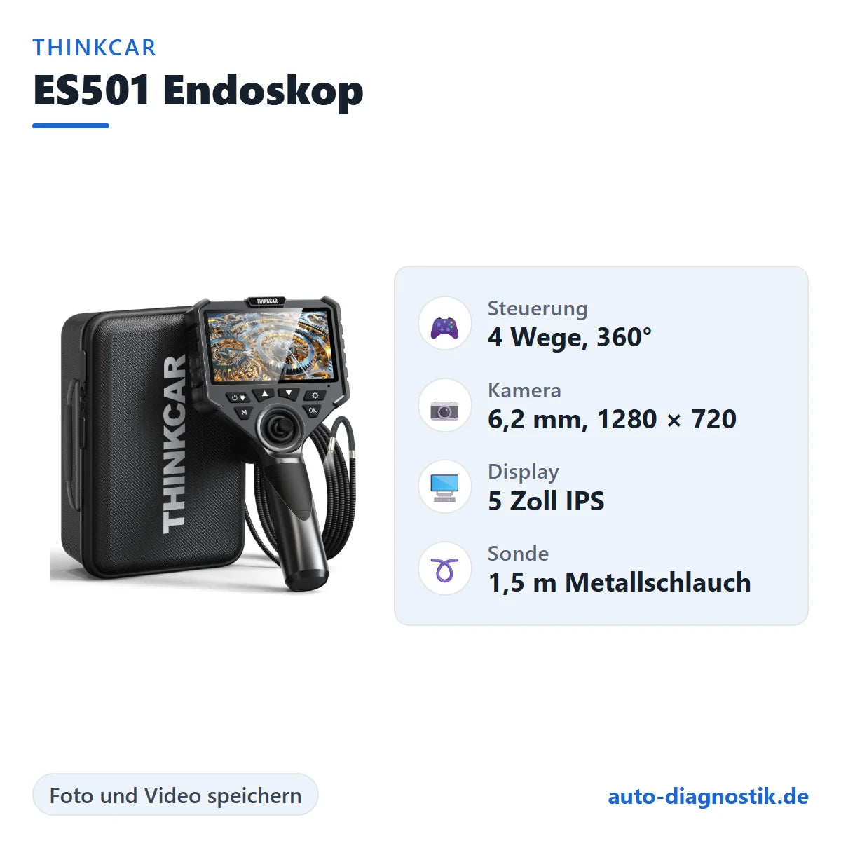 Thinkcar ES501 Endoskop mit Übersicht der wichtigsten technischen Daten