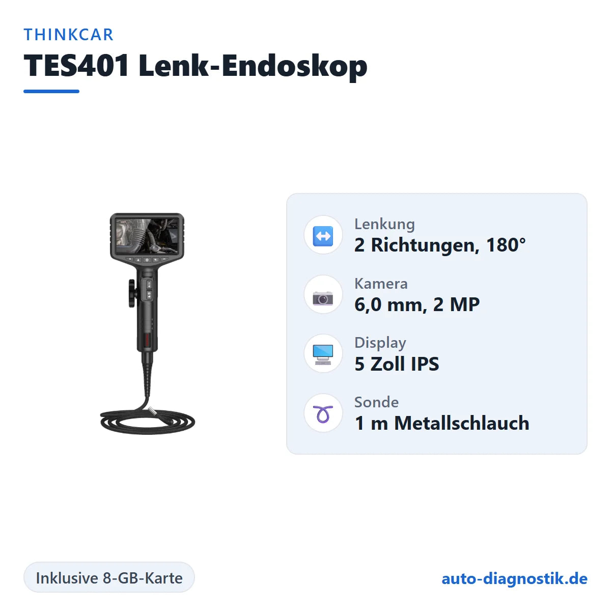 Thinkcar TES401 Lenk-Endoskop mit Übersicht der wichtigsten technischen Daten