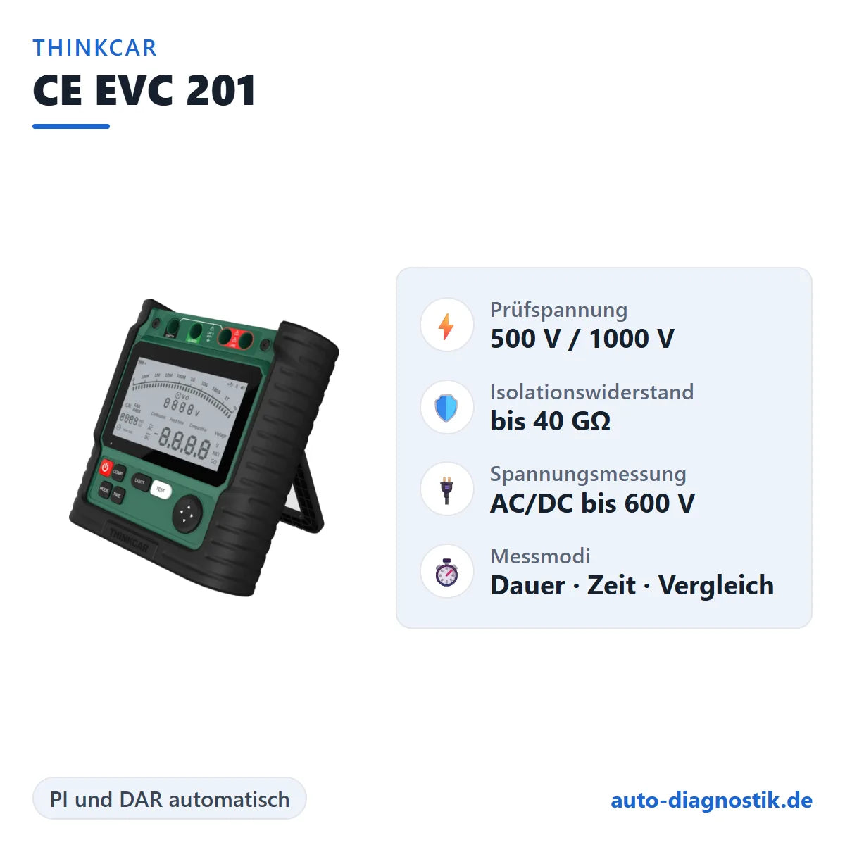 Thinkcar CE EVC 201 mit Übersicht der wichtigsten technischen Daten