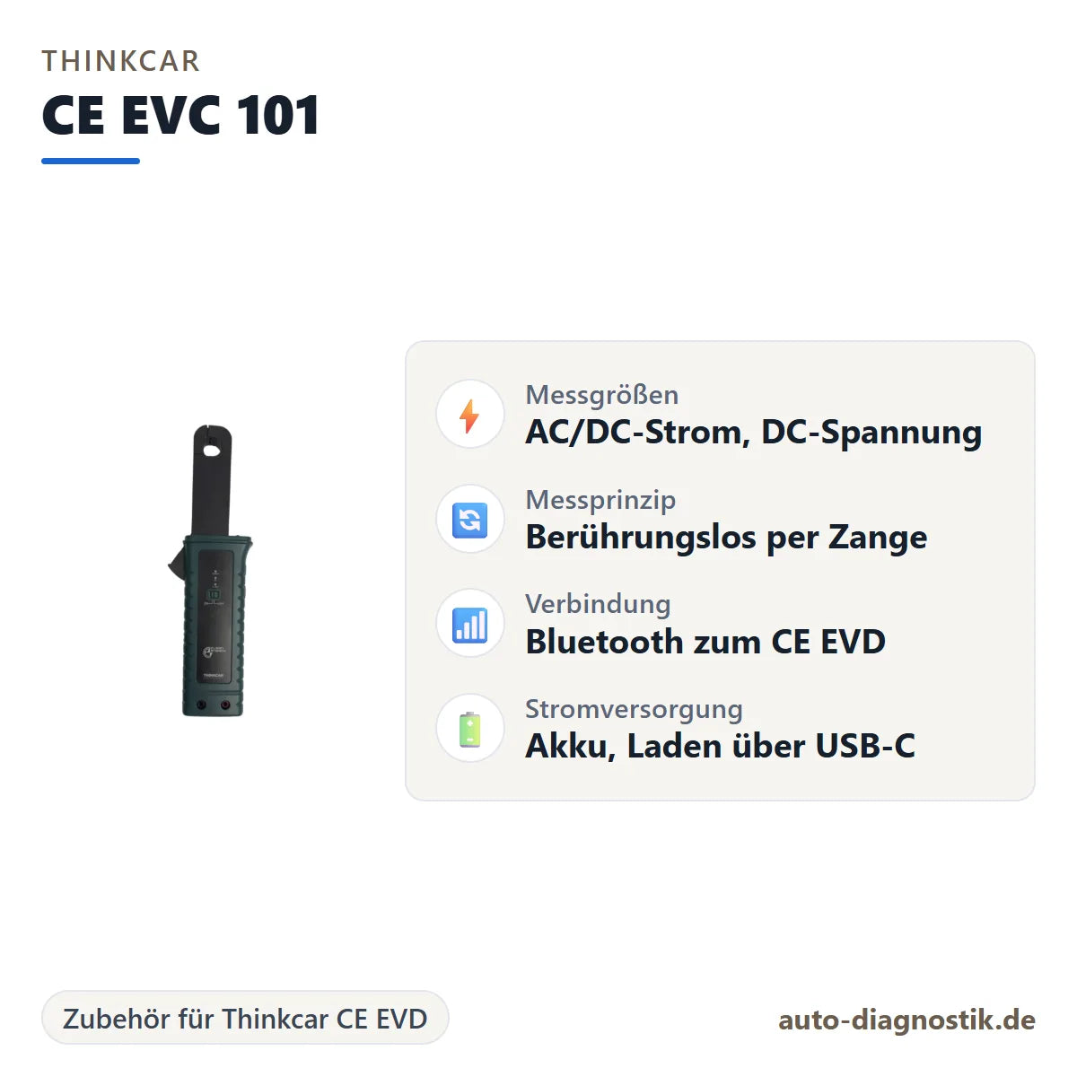 Thinkcar CE EVC 101 mit Übersicht der wichtigsten Funktionen