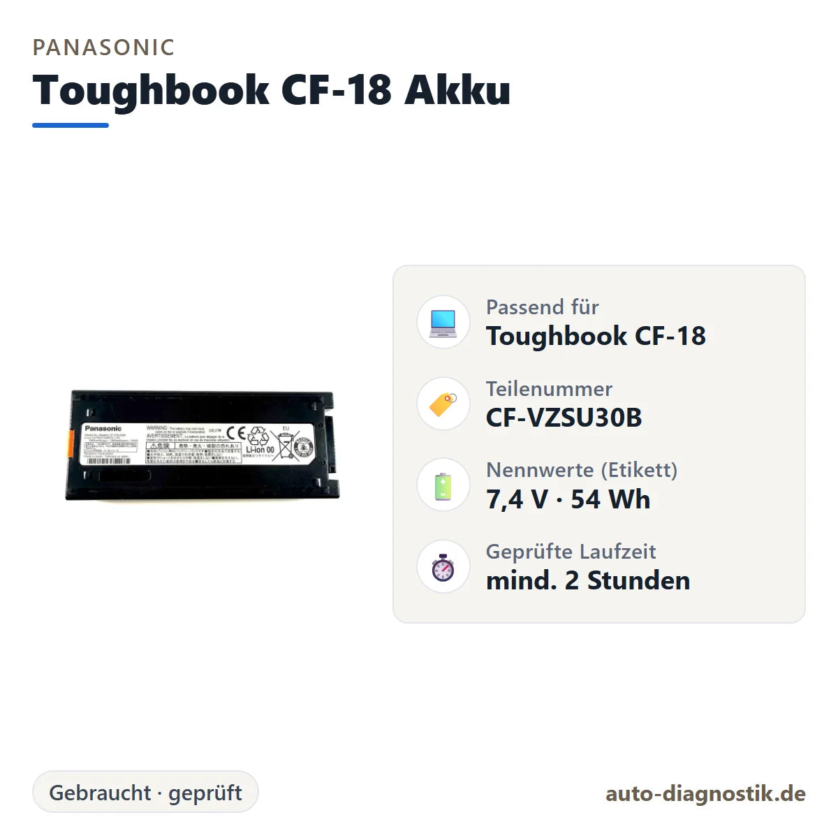 Panasonic Toughbook CF-18 Akku mit Übersicht der wichtigsten Eigenschaften