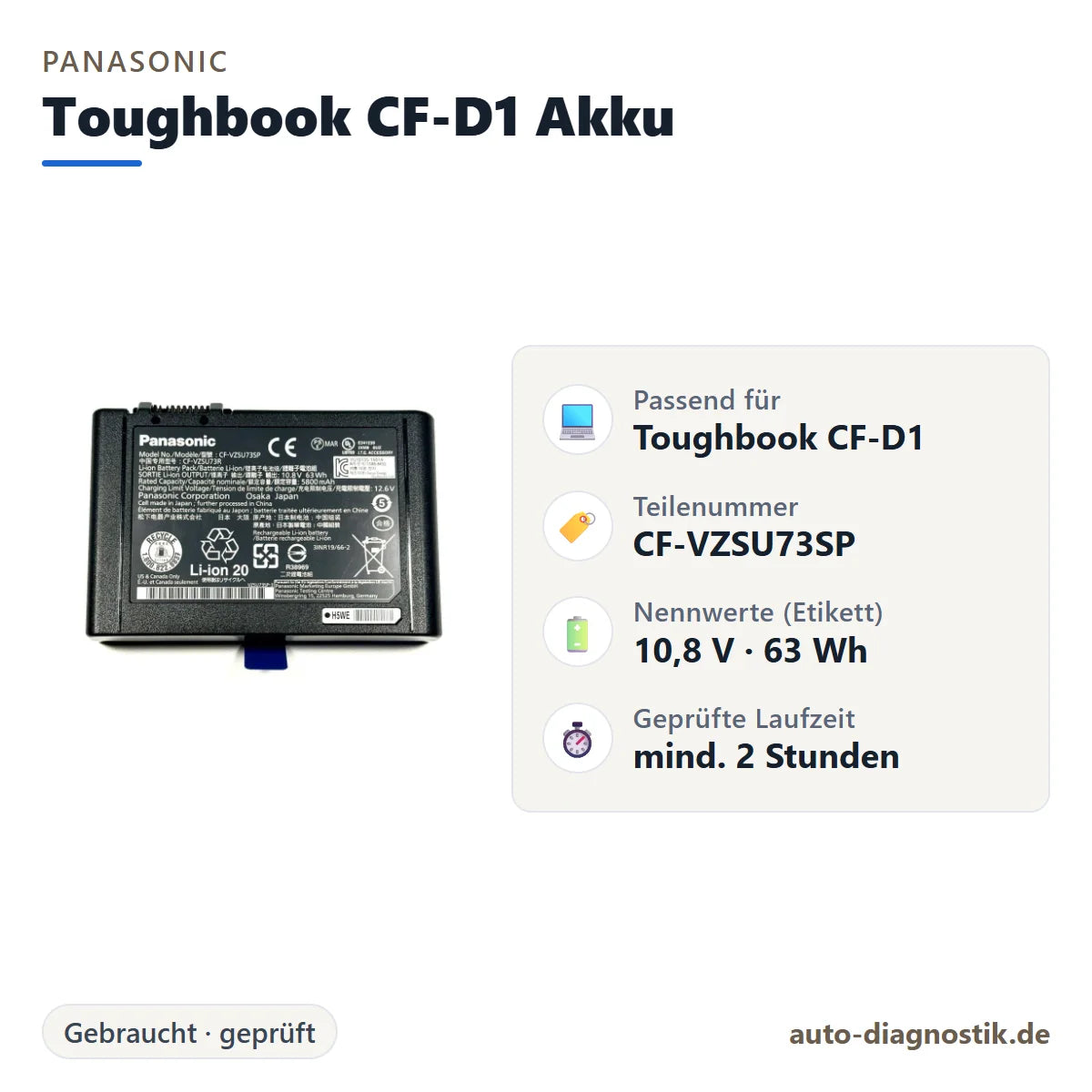 Panasonic Toughbook CF-D1 Akku mit Übersicht der wichtigsten Eigenschaften