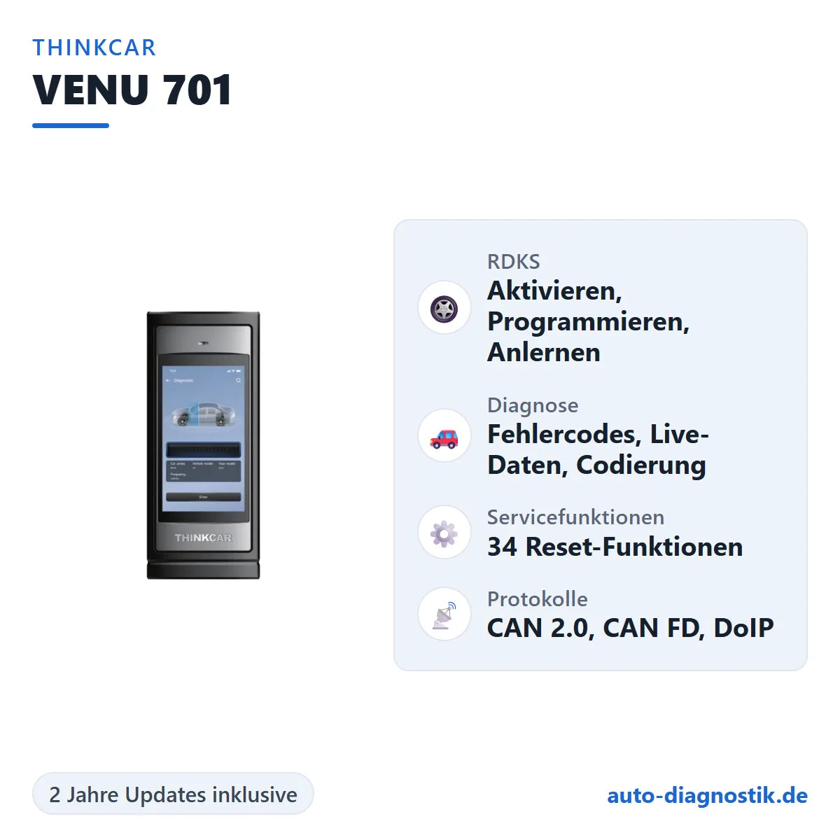 THINKCAR VENU 701 mit Übersicht der wichtigsten Funktionen