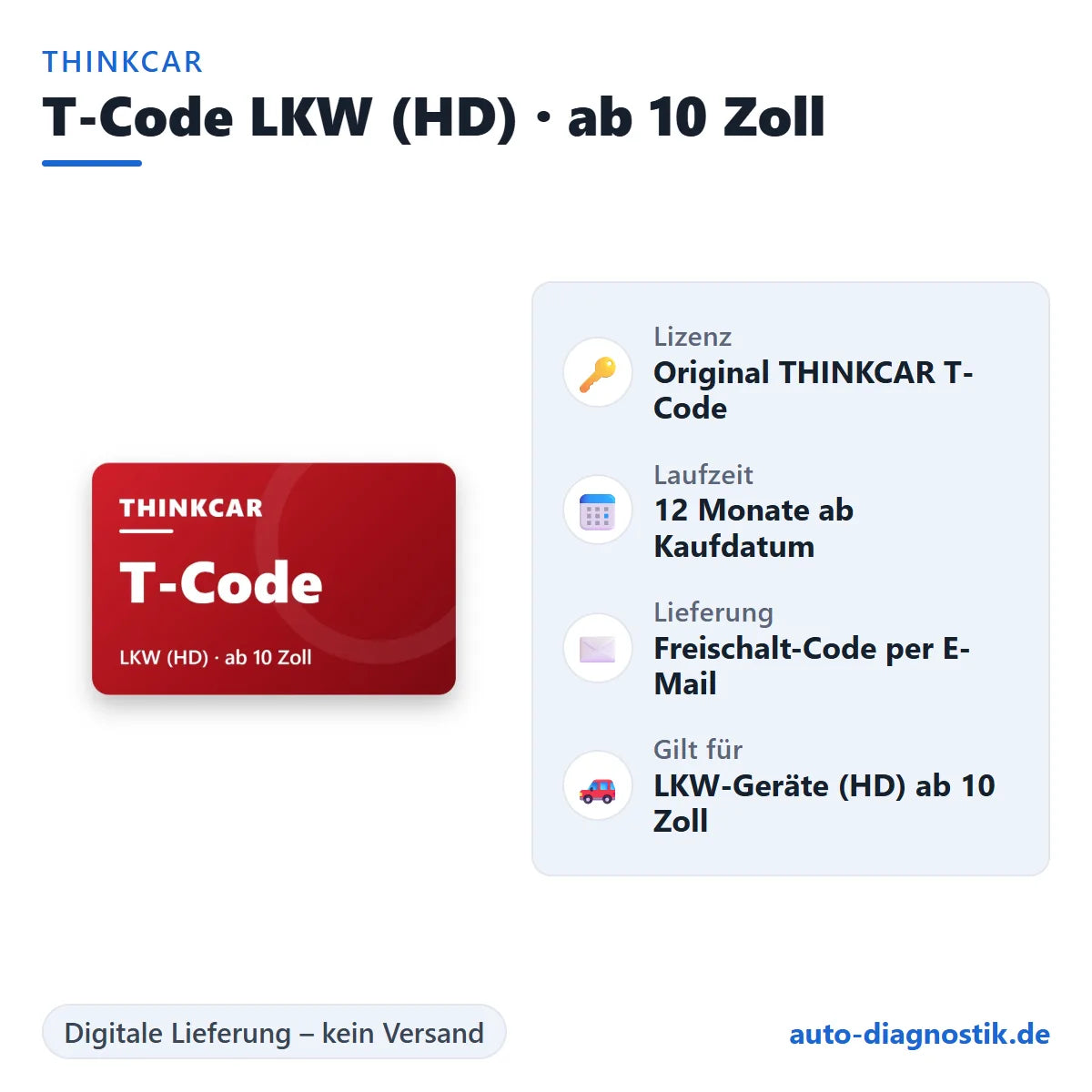 THINKCAR T-Code LKW (HD) · ab 10 Zoll mit Übersicht der wichtigsten Lizenzdaten